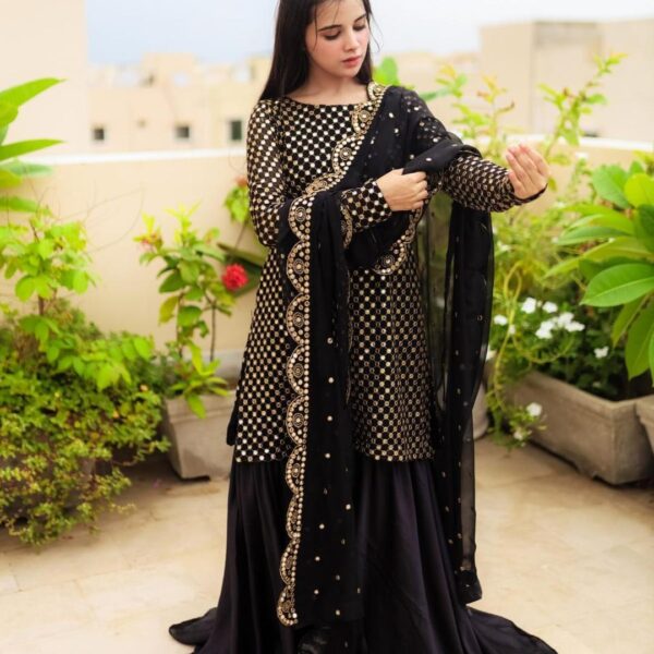 Stunning Black Chiffon Sequins Embroidered Gharara Shirt Set - 3 Pcs