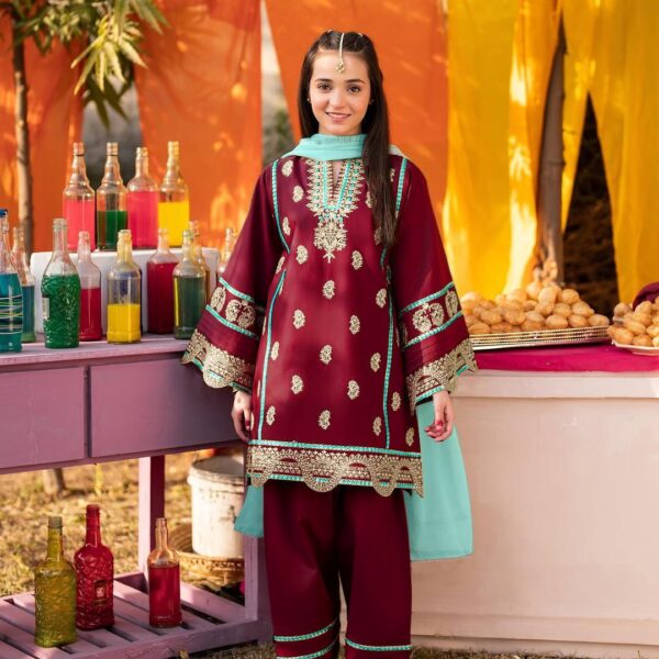 Stylish Embroidered Stitched Suit for Girls - 3 Pcs Set in Silk & Chiffon